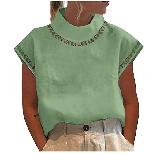 Masrin Stehkragenbluse für Damen Vintage Baumwoll Leinen Oberteile Einfarbiges Hemd Button Down Bluse Sommer Kurzarm Hemdbluse Lockeres Freizeithemd Urlaub Strand Shirts Sommershirt Leinenbluse von Masrin