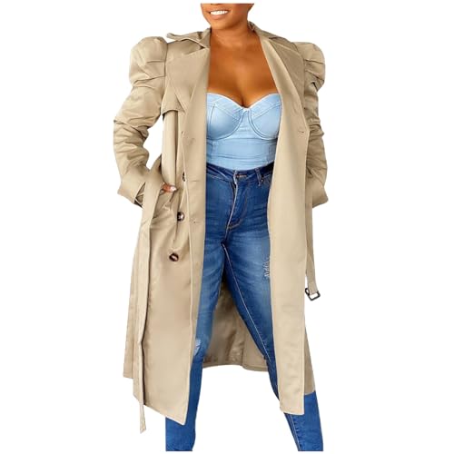 Masrin Trenchcoat mit Gürtel Damen Lang Eleganter Puffärmeln Windjacke Umlegekragen Strickjacke Zweireihige Windjacke Oversize Cardigan Bluse Knielang Blazer Anzugjacke von Masrin