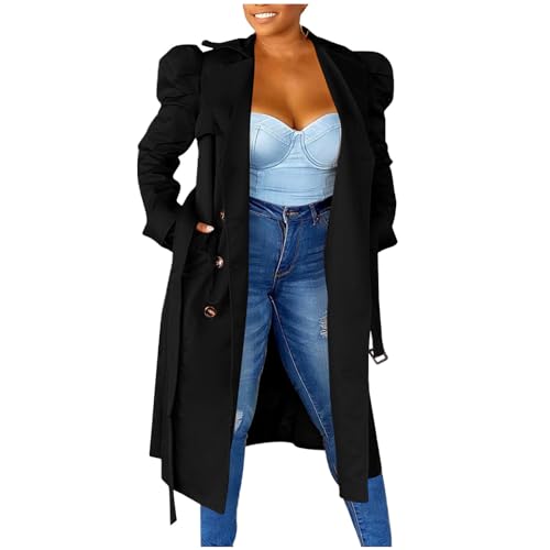 Masrin Trenchcoat mit Gürtel Damen Lang Eleganter Puffärmeln Windjacke Umlegekragen Strickjacke Zweireihige Windjacke Oversize Cardigan Bluse Knielang Blazer Anzugjacke von Masrin