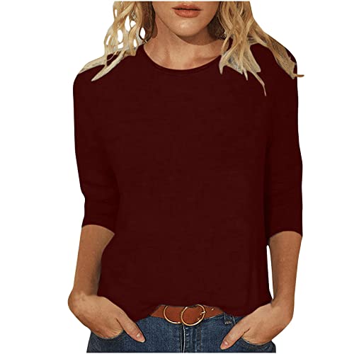 Masrin Tshirt Damen 3/4-Ärmeln T-Shirt Oberteile Lässiger Einfarbiges Pullover O-Ausschnitt Dreiviertel Ärmeln Pulli Tops Sommer Herbst Basic Shirt Lockere All-Match Tunika Bluse Blusenshirt von Masrin