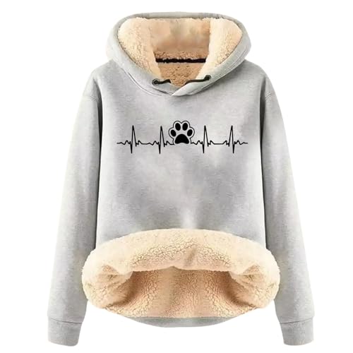 Masrin Verdicktes Warmes Plüsch Sweatshirt mit Kapuze Damen Lässiger Hundepfoten Druck Kapuzenpullover EKG Muster Pulli Tops Winter Thermo Hoodie Teddy Fleece Sweater Pullover Wintermantel von Masrin