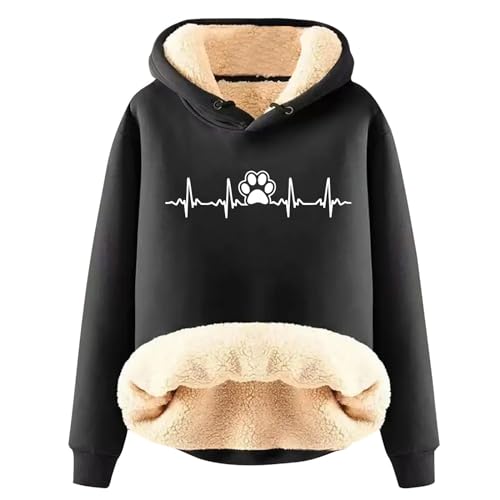 Masrin Verdicktes Warmes Plüsch Sweatshirt mit Kapuze Damen Lässiger Hundepfoten Druck Kapuzenpullover EKG Muster Pulli Tops Winter Thermo Hoodie Teddy Fleece Sweater Pullover Wintermantel von Masrin