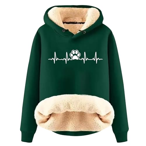 Masrin Verdicktes Warmes Plüsch Sweatshirt mit Kapuze Damen Lässiger Hundepfoten Druck Kapuzenpullover EKG Muster Pulli Tops Winter Thermo Hoodie Teddy Fleece Sweater Pullover Wintermantel von Masrin