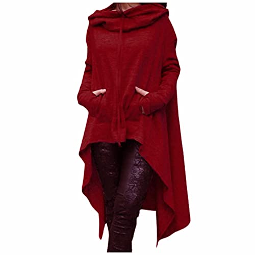 Masrin Vintage Langer Umhang Damen Retro einfarbiger Hoodie Unregelmäßiger Kapuzenpullover mit hohem, niedrigem Saum Gothic Dark Series Partykleidung Halloween Cosplay Kostüm Windjacke von Masrin