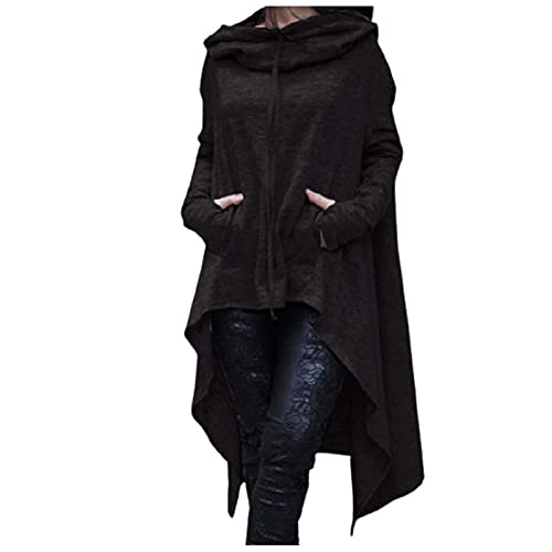 Masrin Vintage Langer Umhang Damen Retro einfarbiger Hoodie Unregelmäßiger Kapuzenpullover mit hohem, niedrigem Saum Gothic Dark Series Partykleidung Halloween Cosplay Kostüm Windjacke von Masrin