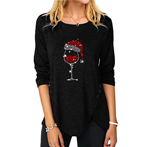 Masrin Weihnachten Langarmshirt Damen Weihnachtsweinschalen Druck Oberteile Pullover mit unregelmäßigem Saum Bluse mit Knopfschlitz Rundhals Langarm Pulli Tops Übergröße Blusentops Weihnachtspullover von Masrin