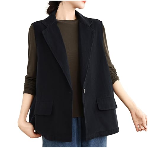 Masrin Weste Damen Lang Vintage Baumwolle Trachtenweste Ärmellos Umlegekragen Longweste Renaissance Mittelalter Weste Oversize Einfarbig Ritterweste All-match Anzugweste mit Einzelknopf Partyweste von Masrin