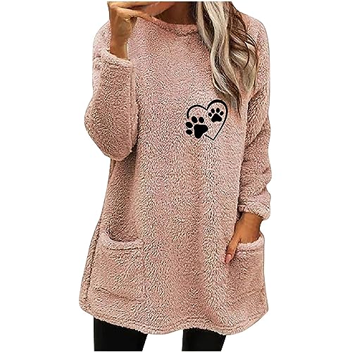 Masrin Winter Sherpa Pullover Damen Lang Warmes Mantel Dicker Plüsch Sweater Oberteile Lässige Herz Hundepfoten Druck Longshirt Thermo Pulli Shirt Fleece Sweatshirt Langarmshirt Geschenk für Frauen von Masrin