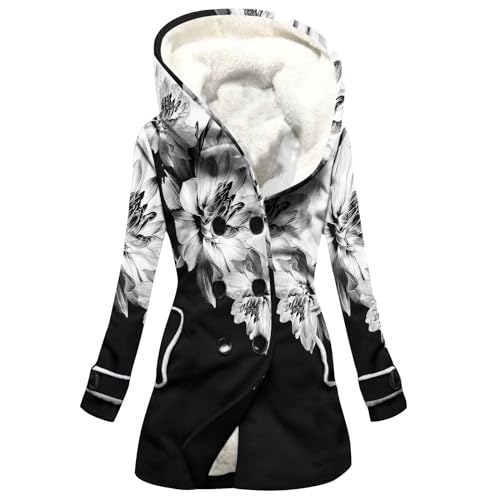 Masrin Winterjacke Damen Lang Hoodie Warmer Plüschmantel mit Kapuze Zweireihige Kapuzenjacke Fleecejacke Langarm Übergangsjacke Wintermantel Temperament Pendlerjacke Warehouse Deal von Masrin