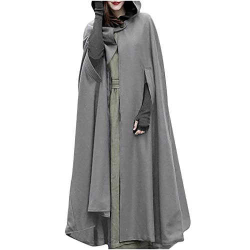 Mittelalter Umhang Damen Oversize Knöchellang Cape Mit Manschette Einfarbige Trenchcoat mit Kapuze Renaissance Steampunk Wollmantel Gotisch Cosplay Kleidung Halloween Kostüm Streetwear von Masrin