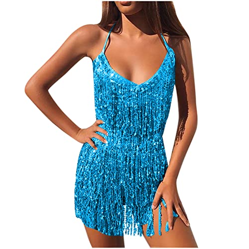 Nachtclub Pailletten Kleid Damen Sexy Perlen Fransen Performance Kostümsets Neckholder Weste + Minirock Club Anzug Rave Party Dance Funkelnde Festivalkleidung Boho Hüftschal Quasten Bauch Minirock von Masrin