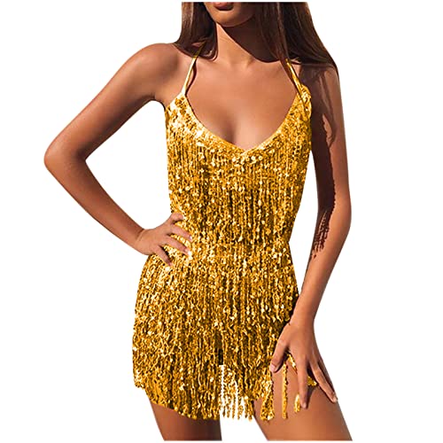 Nachtclub Pailletten Kleid Damen Sexy Perlen Fransen Performance Kostümsets Neckholder Weste + Minirock Club Anzug Rave Party Dance Funkelnde Festivalkleidung Boho Hüftschal Quasten Bauch Minirock von Masrin