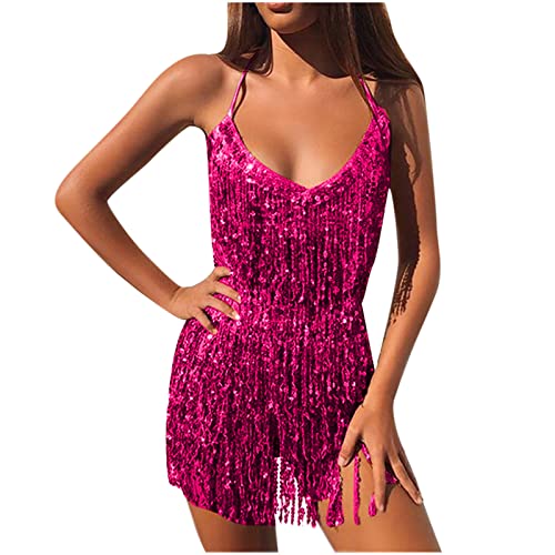 Nachtclub Pailletten Kleid Damen Sexy Perlen Fransen Performance Kostümsets Neckholder Weste + Minirock Club Anzug Rave Party Dance Funkelnde Festivalkleidung Boho Hüftschal Quasten Bauch Minirock von Masrin