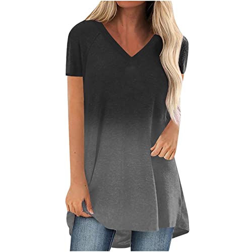 Oversize Lang Pullover Damen Longshirt Kurzarm T-Shirt Sommer Oberteile Elegant Einfarbig Tshirt Longbluse Große Größe V-Ausschnitt Longtops Loose Fit Bluse Shirts Übergröße Lose Pulli Geschenk von Masrin