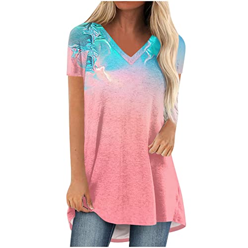 Oversize Lang Pullover Damen Longshirt Kurzarm T-Shirt Sommer Oberteile Elegant Einfarbig Tshirt Longbluse Große Größe V-Ausschnitt Longtops Loose Fit Bluse Shirts Übergröße Lose Pulli Geschenk von Masrin