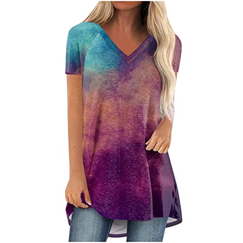 Oversize Lang Pullover Damen Longshirt Kurzarm T-Shirt Sommer Oberteile Elegant Einfarbig Tshirt Longbluse Große Größe V-Ausschnitt Longtops Loose Fit Bluse Shirts Übergröße Lose Pulli Geschenk von Masrin
