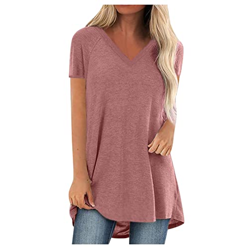 Oversize Lang Pullover Damen Longshirt Kurzarm T-Shirt Sommer Oberteile Elegant Einfarbig Tshirt Longbluse Große Größe V-Ausschnitt Longtops Loose Fit Bluse Shirts Übergröße Lose Pulli Geschenk von Masrin