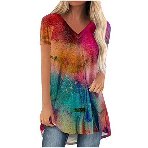 Oversize Lang Pullover Damen Longshirt Kurzarm T-Shirt Sommer Oberteile Elegant Einfarbig Tshirt Longbluse Große Größe V-Ausschnitt Longtops Loose Fit Bluse Shirts Übergröße Lose Pulli Geschenk von Masrin