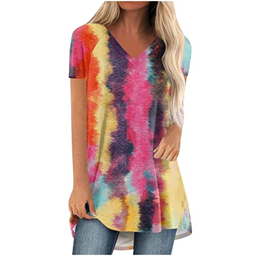 Oversize Lang Pullover Damen Longshirt Kurzarm T-Shirt Sommer Oberteile Elegant Einfarbig Tshirt Longbluse Große Größe V-Ausschnitt Longtops Loose Fit Bluse Shirts Übergröße Lose Pulli Geschenk von Masrin