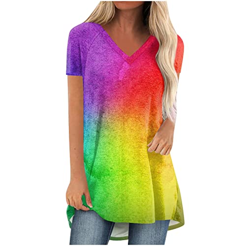 Oversize Lang Pullover Damen Longshirt Kurzarm T-Shirt Sommer Oberteile Elegant Einfarbig Tshirt Longbluse Große Größe V-Ausschnitt Longtops Loose Fit Bluse Shirts Übergröße Lose Pulli Geschenk von Masrin