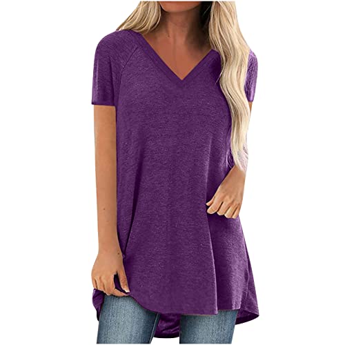 Oversize Lang Pullover Damen Longshirt Kurzarm T-Shirt Sommer Oberteile Elegant Einfarbig Tshirt Longbluse Große Größe V-Ausschnitt Longtops Loose Fit Bluse Shirts Übergröße Lose Pulli Geschenk von Masrin