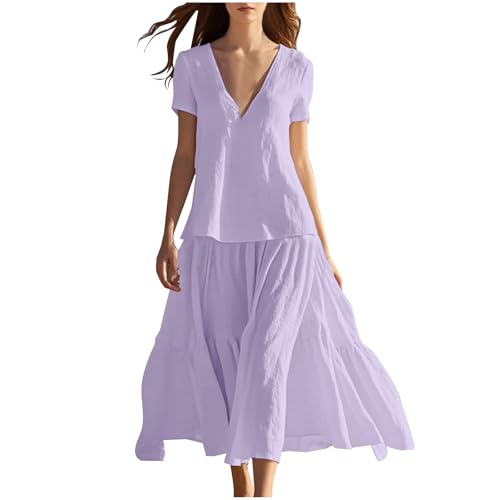 Oversize Musselin Kleider Damen Maxikleid Atmungsaktives Sommerkleid Tiefer V-Ausschnitt Blusenkleid Langarm/Kurzarm Sonnenkleid Rüschensaum Patchwork Strandkleid Fließend A-Linie Urlaubsleid von Masrin