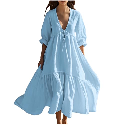 Oversize Musselin Kleider Damen Maxikleid Atmungsaktives Sommerkleid Tiefer V-Ausschnitt Blusenkleid Langarm/Kurzarm Sonnenkleid Rüschensaum Patchwork Strandkleid Fließend A-Linie Urlaubsleid von Masrin