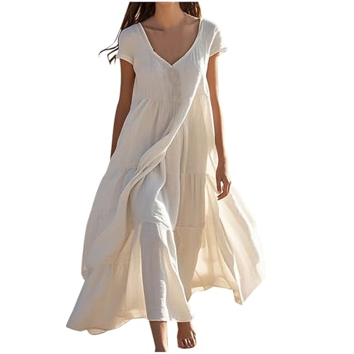 Oversize Musselin Kleider Damen Maxikleid Atmungsaktives Sommerkleid Tiefer V-Ausschnitt Blusenkleid Langarm/Kurzarm Sonnenkleid Rüschensaum Patchwork Strandkleid Fließend A-Linie Urlaubsleid von Masrin