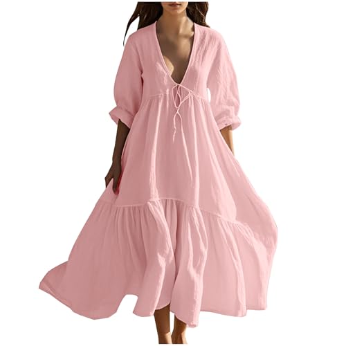 Oversize Musselin Kleider Damen Maxikleid Atmungsaktives Sommerkleid Tiefer V-Ausschnitt Blusenkleid Langarm/Kurzarm Sonnenkleid Rüschensaum Patchwork Strandkleid Fließend A-Linie Urlaubsleid von Masrin