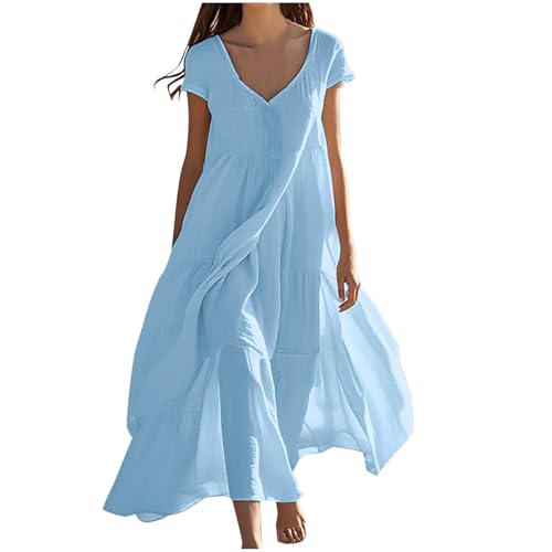 Oversize Musselin Kleider Damen Maxikleid Atmungsaktives Sommerkleid Tiefer V-Ausschnitt Blusenkleid Langarm/Kurzarm Sonnenkleid Rüschensaum Patchwork Strandkleid Fließend A-Linie Urlaubsleid von Masrin