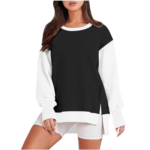 Pullover Damen Farbblock Patchwork Sweatshirt Stylische Langarmshirt Rundhals Langarm Pulli Oberteile Herbst Winter Basic Shirt Seitenschlitz Tunika Tops Teenager Mädchen Freizeit Bluse von Masrin