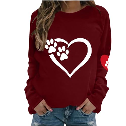 Pullover Damen Lässig Hundepfoten Muster Oberteile Leichtes Herbst Winter Sweatshirt Liebes Herz Muster Langarmshirt Locker Pulli Tops Basic Shirt Rundhals Langarm Bluse Bequem Tunika von Masrin