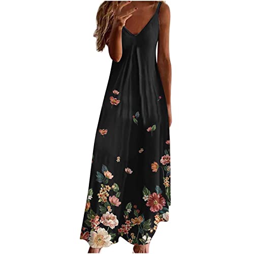 Sommerkleid Damen Kleider Lang Elegant Federdruck A-Linien Kleider Ärmellos V-Ausschnitt Trägerkleid Boho Urlaubskleid Knöchellanges Langes Maxikleid Tunika Partykleid Freizeitkleid für Frauen von Masrin