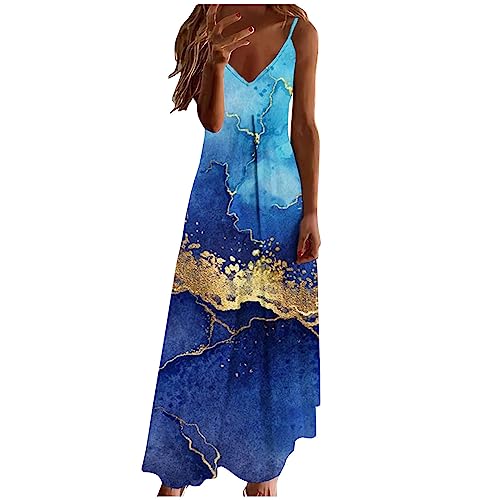 Sommerkleid Damen Kleider Lang Elegant Federdruck A-Linien Kleider Ärmellos V-Ausschnitt Trägerkleid Boho Urlaubskleid Knöchellanges Langes Maxikleid Tunika Partykleid Freizeitkleid für Frauen von Masrin