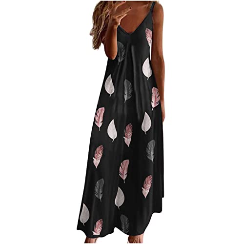 Sommerkleid Damen Kleider Lang Elegant Federdruck A-Linien Kleider Ärmellos V-Ausschnitt Trägerkleid Boho Urlaubskleid Knöchellanges Langes Maxikleid Tunika Partykleid Freizeitkleid für Frauen von Masrin