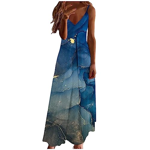 Sommerkleid Damen Kleider Lang Elegant Federdruck A-Linien Kleider Ärmellos V-Ausschnitt Trägerkleid Boho Urlaubskleid Knöchellanges Langes Maxikleid Tunika Partykleid Freizeitkleid für Frauen von Masrin