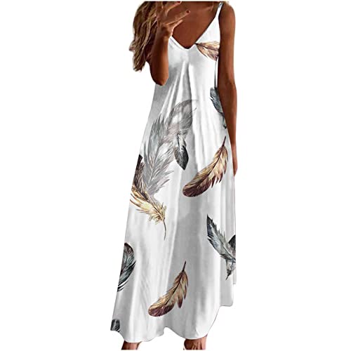 Sommerkleid Damen Kleider Lang Elegant Federdruck A-Linien Kleider Ärmellos V-Ausschnitt Trägerkleid Boho Urlaubskleid Knöchellanges Langes Maxikleid Tunika Partykleid Freizeitkleid für Frauen von Masrin