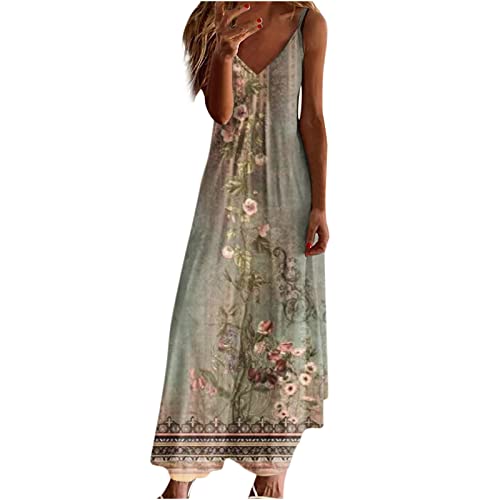 Sommerkleid Damen Kleider Lang Elegant Federdruck A-Linien Kleider Ärmellos V-Ausschnitt Trägerkleid Boho Urlaubskleid Knöchellanges Langes Maxikleid Tunika Partykleid Freizeitkleid für Frauen von Masrin