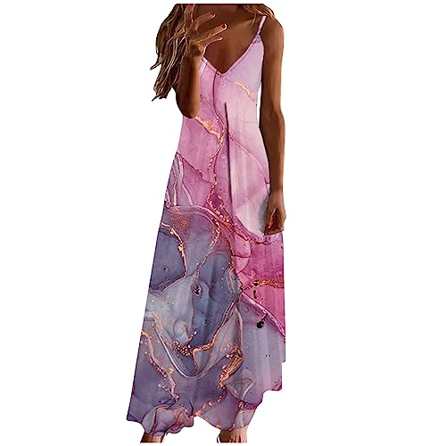 Sommerkleid Damen Kleider Lang Elegant Federdruck A-Linien Kleider Ärmellos V-Ausschnitt Trägerkleid Boho Urlaubskleid Knöchellanges Langes Maxikleid Tunika Partykleid Freizeitkleid für Frauen von Masrin