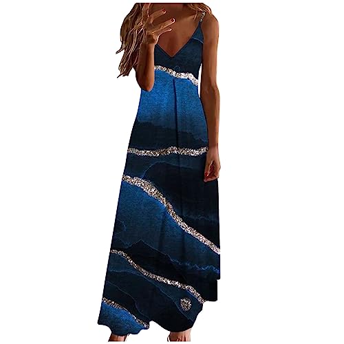 Sommerkleid Damen Kleider Lang Elegant Federdruck A-Linien Kleider Ärmellos V-Ausschnitt Trägerkleid Boho Urlaubskleid Knöchellanges Langes Maxikleid Tunika Partykleid Freizeitkleid für Frauen von Masrin