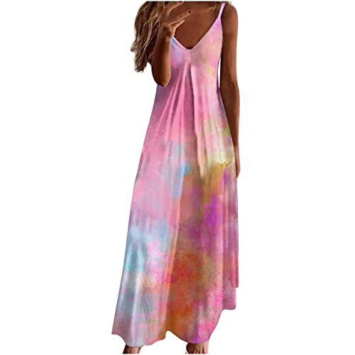 Sommerkleid Damen Kleider Lang Elegant Federdruck A-Linien Kleider Ärmellos V-Ausschnitt Trägerkleid Boho Urlaubskleid Knöchellanges Langes Maxikleid Tunika Partykleid Freizeitkleid für Frauen von Masrin