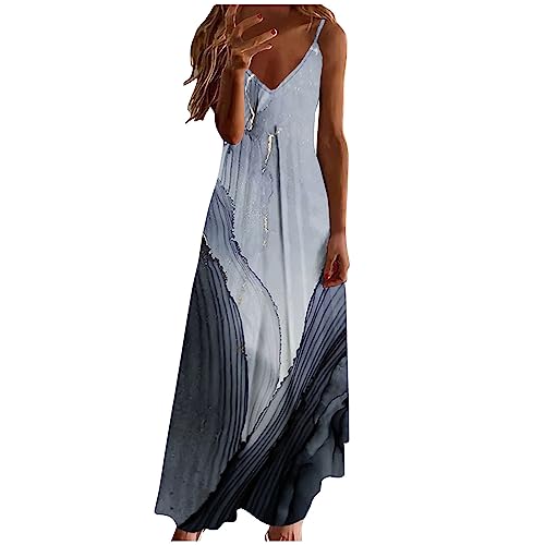 Sommerkleid Damen Kleider Lang Elegant Federdruck A-Linien Kleider Ärmellos V-Ausschnitt Trägerkleid Boho Urlaubskleid Knöchellanges Langes Maxikleid Tunika Partykleid Freizeitkleid für Frauen von Masrin