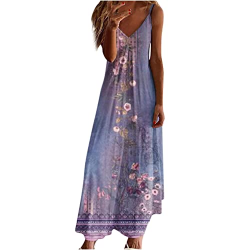 Sommerkleid Damen Kleider Lang Elegant Federdruck A-Linien Kleider Ärmellos V-Ausschnitt Trägerkleid Boho Urlaubskleid Knöchellanges Langes Maxikleid Tunika Partykleid Freizeitkleid für Frauen von Masrin