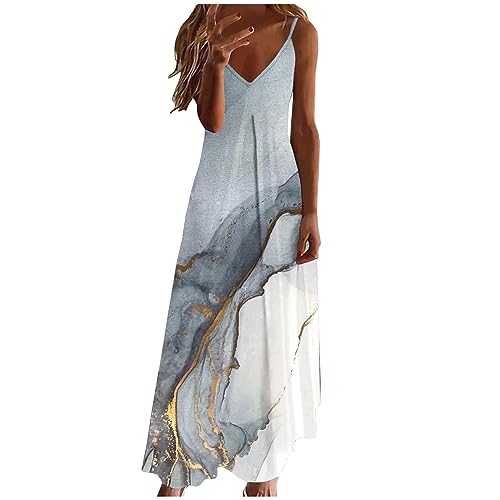 Sommerkleid Damen Kleider Lang Elegant Federdruck A-Linien Kleider Ärmellos V-Ausschnitt Trägerkleid Boho Urlaubskleid Knöchellanges Langes Maxikleid Tunika Partykleid Freizeitkleid für Frauen von Masrin