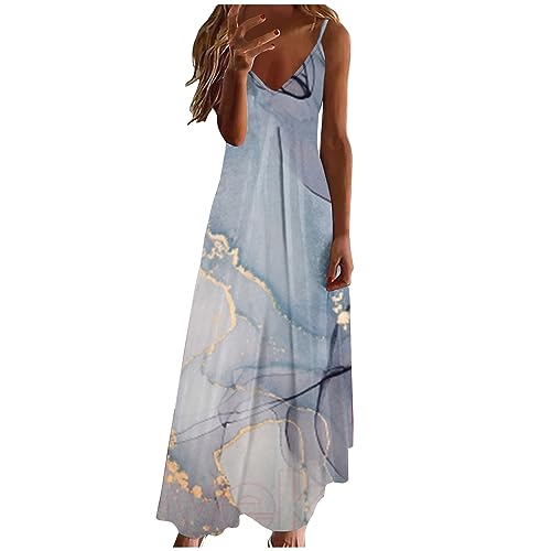 Sommerkleid Damen Kleider Lang Elegant Federdruck A-Linien Kleider Ärmellos V-Ausschnitt Trägerkleid Boho Urlaubskleid Knöchellanges Langes Maxikleid Tunika Partykleid Freizeitkleid für Frauen von Masrin