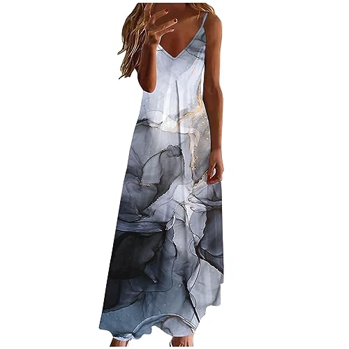 Sommerkleid Damen Kleider Lang Elegant Federdruck A-Linien Kleider Ärmellos V-Ausschnitt Trägerkleid Boho Urlaubskleid Knöchellanges Langes Maxikleid Tunika Partykleid Freizeitkleid für Frauen von Masrin