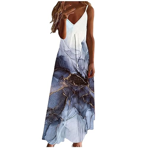 Sommerkleid Damen Kleider Lang Elegant Federdruck A-Linien Kleider Ärmellos V-Ausschnitt Trägerkleid Boho Urlaubskleid Knöchellanges Langes Maxikleid Tunika Partykleid Freizeitkleid für Frauen von Masrin