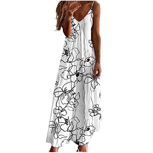 Sommerkleid Damen Kleider Lang Elegant Federdruck A-Linien Kleider Ärmellos V-Ausschnitt Trägerkleid Boho Urlaubskleid Knöchellanges Langes Maxikleid Tunika Partykleid Freizeitkleid für Frauen von Masrin