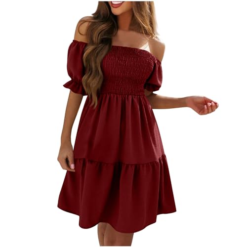 Sommerkleid Damen Swing Kleid Sommer Off Shoulder Slash Neck Skaterkleid Einfarbiges A-Linien-Kleid Trägerloses, kurzärmliges, knielanges Patchwork-Kleid Strandkleid Party Kleid von Masrin