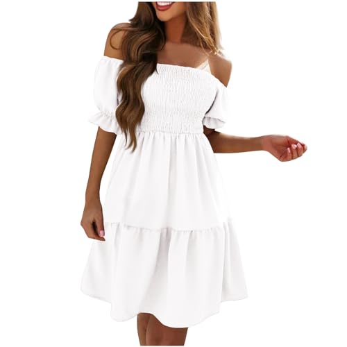 Masrin Damen Sommerkleid Swing Kleid Off Shoulder Slash Neck A-Linien-Kleid Wei Gre S Knielang von Masrin